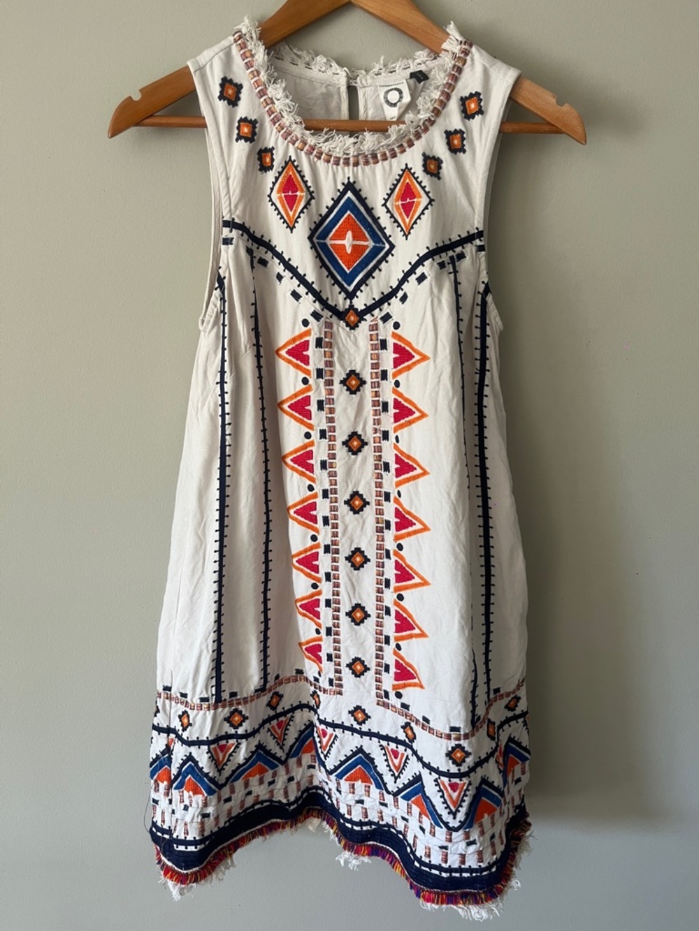 Sleeveless White Embroidered Asymmetrical Dress with Orange & Navy Accents